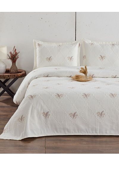 CANDAN ÇEYİZ Başak Ecru Leaf Embroidered Double Pique Coverlet 3 Piece Bedspread