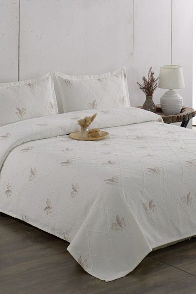 CANDAN ÇEYİZ Başak Ecru Leaf Embroidered Double Pique Coverlet 3 Piece Bedspread