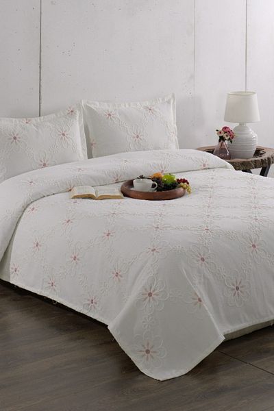 CANDAN ÇEYİZ Spring Ecru Leaf Embroidered Double Pique Coverlet 3 Piece Bedspread