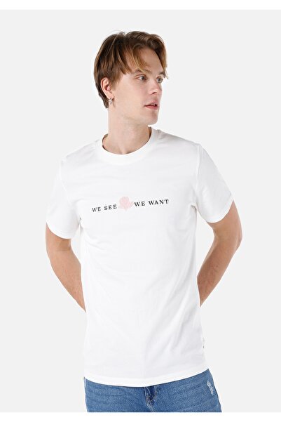 Colin's Normal Kesim Bisiklet Yaka Baskılı Beyaz Erkek Kısa Kol Tişört Cl1062935