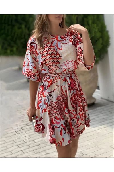 Silerra Women's Short Balloon Sleeve Round Neck Pleated Pattern Mini Dress