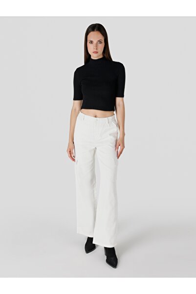 Colin's Dar Kesim Yarı Balıkçı Crop Siyah Kadın Kısa Kol Tişört