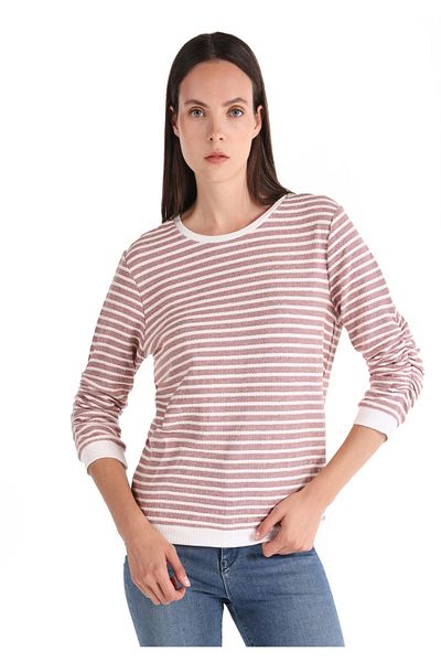 Colin's Pink Striped Regular Fit Women's Long Sleeve T-Shirt - Crew Neck