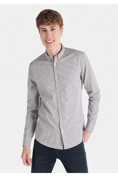 Colin's Slim Fit Shirt Neck Checkered Men's Gray Long Sleeve Shirt