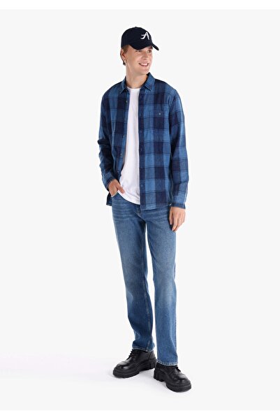 Colin's Slim Fit Shirt Neck Kareli Erkek Mavi Uzun Kol Gömlek