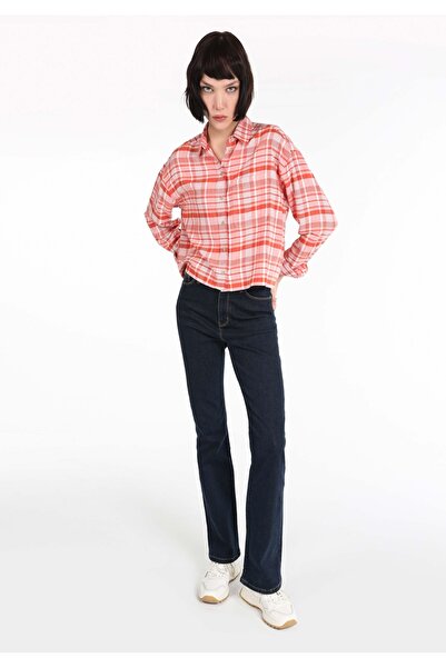 Colin's Regular Fit Shirt Neck Ekoseli Kadın Turuncu Uzun Kol Gömlek