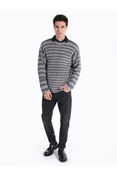 Colin's Regular Fit Bisiklet Yaka Çizgili Triko Gri Erkek Kazak
