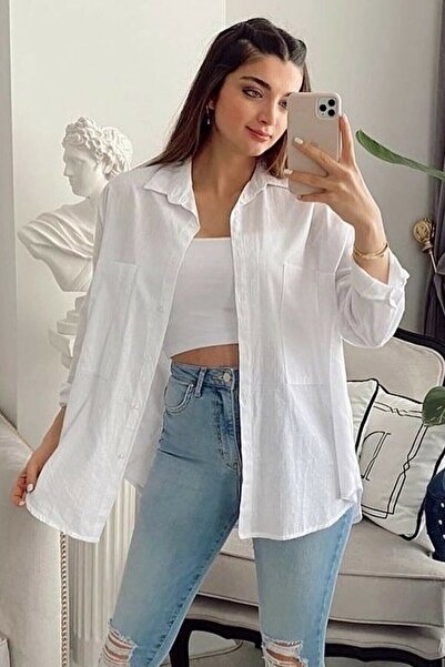 Genel Markalar Kadın Beyaz Keten Oversize Gömlek