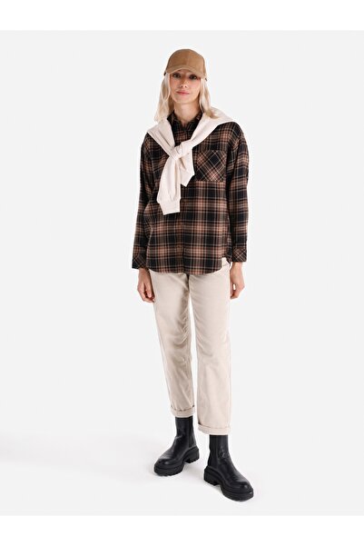 Colin's Regular Fit Shirt Neck Ekoseli Kadın Kahverengi Uzun Kol Gömlek