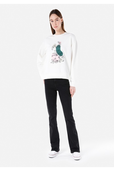Colin's Normal Kesim Bisiklet Yaka Baskılı Beyaz Kadın Sweatshirt Cl1068067