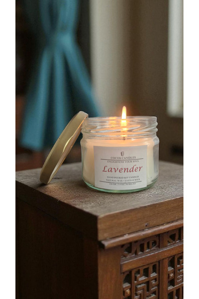 COCOS CANDLES Lavanta Kokulu Doğal Soya Mum, Cam Kavanozda Lavanta Kokulu Soy...