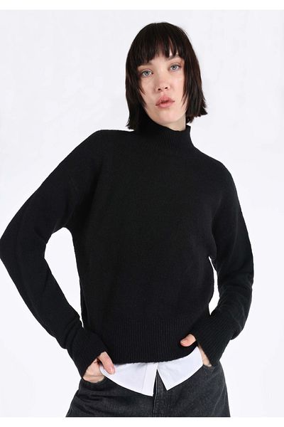 Colin's Regular Fit Half Turtleneck Plain Women's Black Sweater
