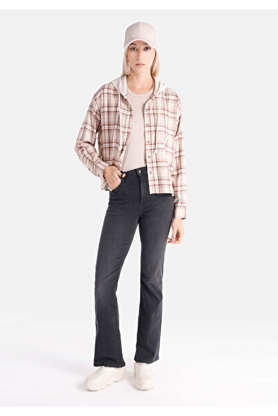 Colin's Regular Fit Kapüşonlu Ekoseli Kadın Bej Uzun Kol Gömlek