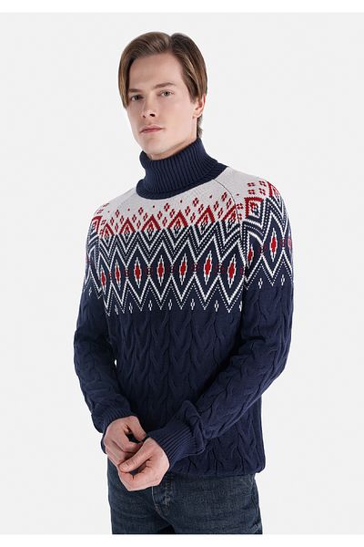 Colin's Regular Fit Turtle Neck Jacquard Men's Navy Blue Sweater