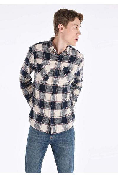 Colin's Regular Fit Shirt Neck Plaid Men's Navy Blue Long Sleeve Shirt