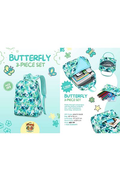 esabela 3-Piece Backpack Set for Kids, Lightweight Water-proof, School Bag Green Butterfly