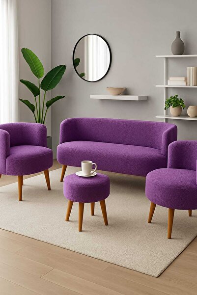 Edam Lila Çay Seti İkili Koltuk Berjer ve Çift kişilik puf  (Salon, Balkon, Ofis) 4'lü Takım