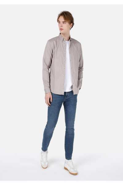 Colin's Slim Fit Shirt Neck Düz Erkek Bej Uzun Kol Gömlek