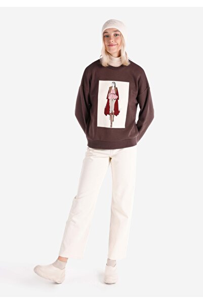 Colin's Regular Fit Yuvarlak Yaka Baskılı Kadın Kahverengi Sweatshirt