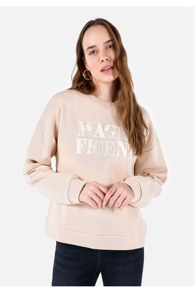 Colin's Regular Fit Yuvarlak Yaka Baskılı Kadın Bej Sweatshirt