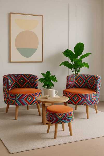 Edam Çay Seti İkili Koltuk Berjer ve Sandık Puf Takımı (Salon, Balkon, Ofis) 3'lü Takım