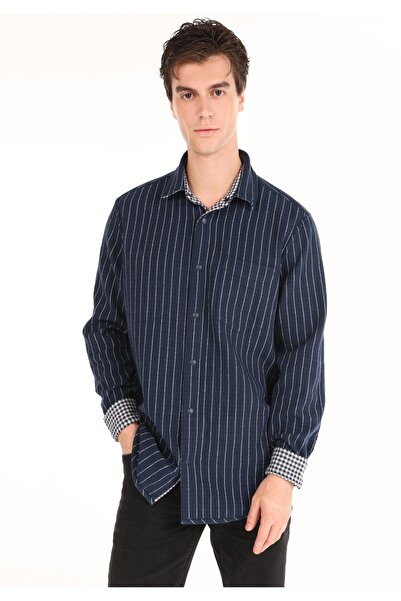 Colin's Comfort Fit Shirt Neck Checked Men's Navy Blue Long Sleeve Shirt