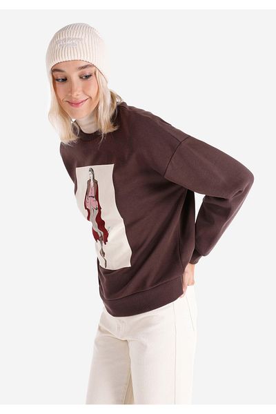 Colin's Regular Fit Round Neck Printed Women's Brown Sweatshirt