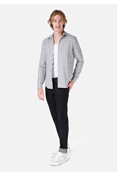 Colin's Slim Fit Shirt Neck Ekoseli Erkek Gri Uzun Kol Gömlek