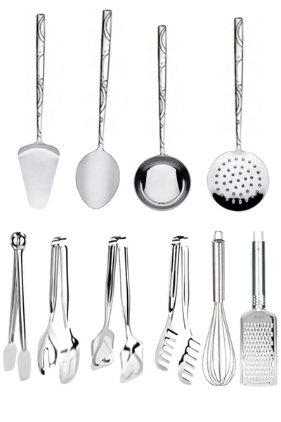 Assess Store Stainless Steel 10 Piece Kitchen Serving Set – Ladle, Spatula, Strainer, Tongs, Grater