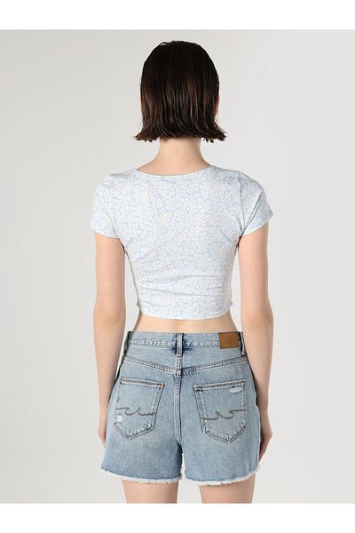 Colin's Blue Crop Women's T-Shirt - Slim Fit, Wide Collar, Short Sleeve