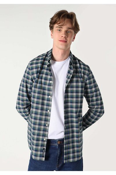 Colin's Slim Fit Shirt Neck Plaid Men's Navy Blue Long Sleeve Shirt