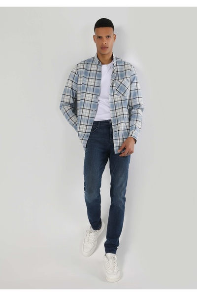 Colin's Regular Fit Shirt Neck Ekoseli Erkek Mavi Uzun Kol Gömlek