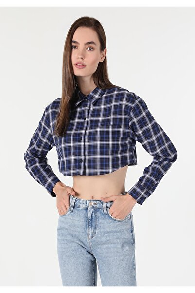 Colin's Regular Fit Shirt Neck Ekoseli Kadın Lacivert Uzun Kol Gömlek
