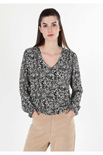 Colin's Regular Fit V Yaka Baskılı Kadın Lacivert Uzun Kol Gömlek