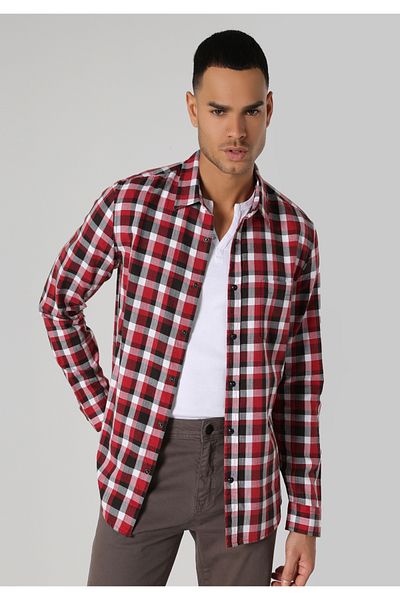 Colin's Red Slim Fit Checkered Men's Shirt - Long Sleeve Cl 1061712