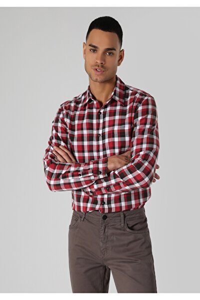 Colin's Slim Fit Shirt Neck Ekoseli Erkek Kirmizi Uzun Kol Gömlek