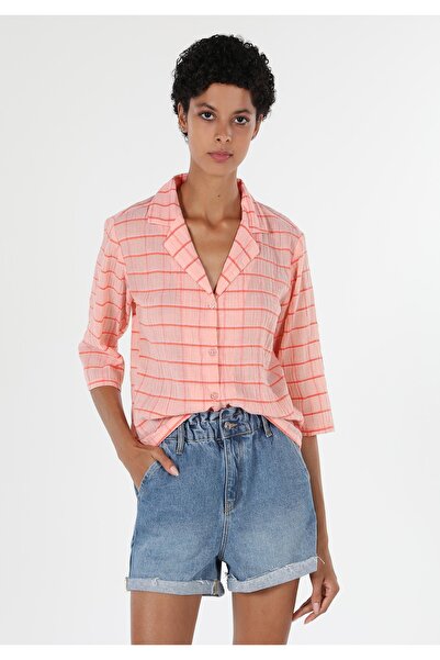 Colin's Regular Fit Shirt Neck Kareli Kadın Turuncu Uzun Kol Gömlek