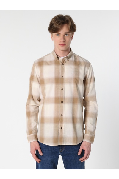 Colin's Regular Fit Shirt Neck Ekoseli Erkek Bej Uzun Kol Gömlek