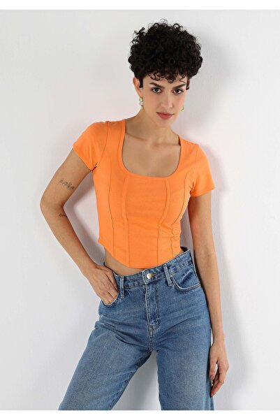 Colin's Slim Fit τετράγωνο γιακά Γυναικείο πορτοκαλί κοντομάνικο μπλουζάκι