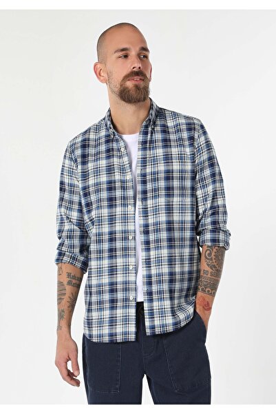Colin's Slim Fit Shirt Neck Καρό Ανδρικό Μπλε Μακρυμάνικο Πουκάμισο