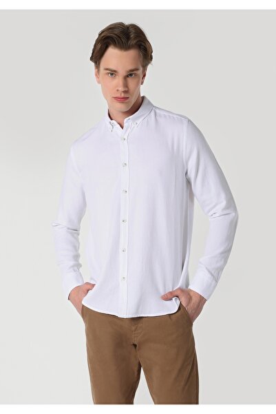Colin's Slim Fit πουκάμισο με λαιμόκοψη Απλό ανδρικό λευκό μακρυμάνικο πουκάμισο