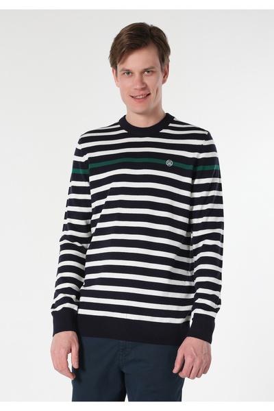 Colin's Regular Fit Bisiklet Yaka Çizgili Lacivert Erkek Kazak
