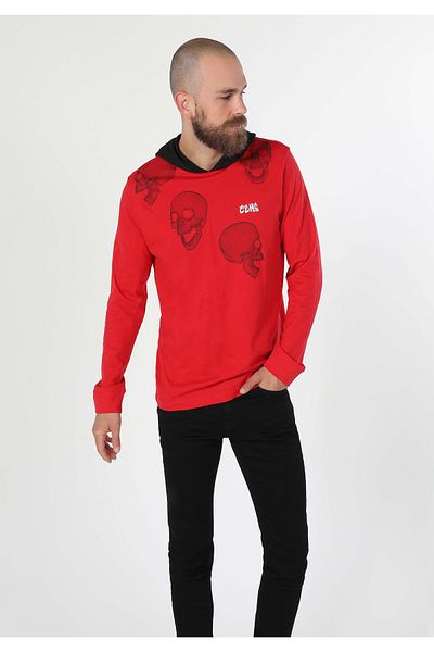 Colin's Regular Fit Crew Neck Hood Printed Red Men's Long Sleeve T-Shirt Cl 1060476
