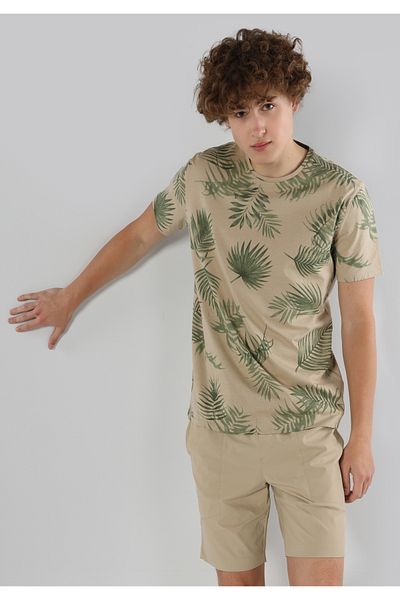 Colin's Regular Fit Polo Neck Printed Men's Beige Short Sleeve T-Shirt