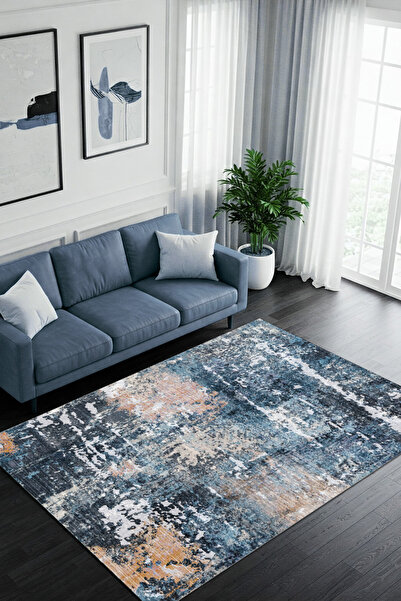The Reef Design Soyut Modern Desenli Mavi Halı Dijital Baskılı Dokuma Kaymaz ...