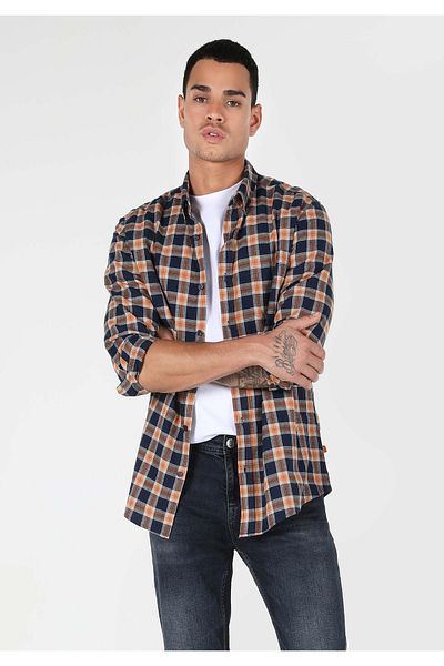 Colin's Slim Fit Shirt Neck Checkered Men's Navy Blue Long Sleeve Shirt