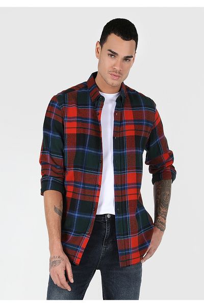 Colin's Regular Fit Shirt Neck Plaid Men's Orange Long Sleeve Shirt