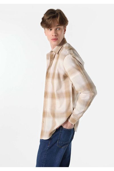 Colin's Regular Fit Shirt Neck Plaid Men's Beige Long Sleeve Shirt