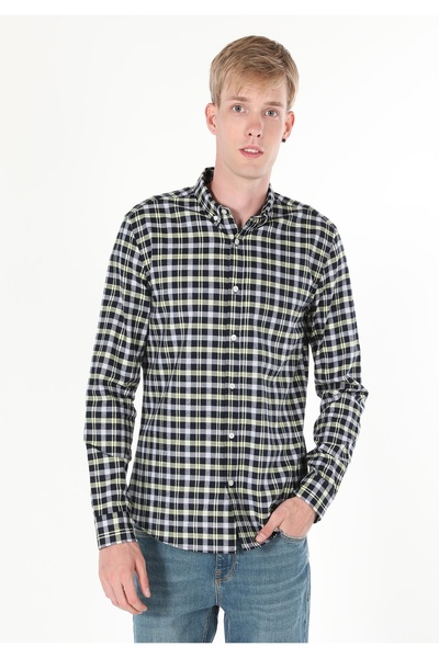 Colin's Slim Fit Shirt Neck Ekoseli Erkek Lacivert Uzun Kol Gömlek
