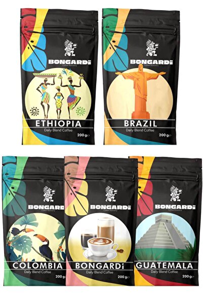 Bongardi Coffee Brezilya Etiyopya Colombia Guatemala Daily Blend Kahve Seti 5x200g(ÇEKİRDK VEYA ÖĞÜTÜLMŞ SEÇİLEBLİR)